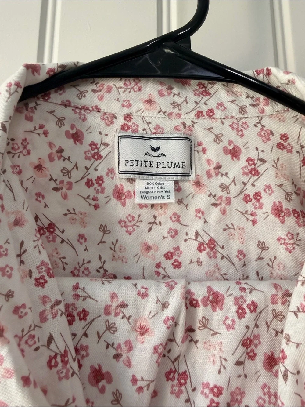 Floral Button-Front Pajama Top With Matching Pants- White with Pink Florals